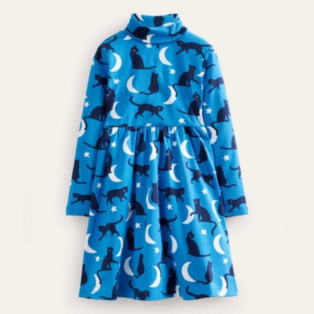 Mini Boden Roll Neck Cotton Jersey Dress (Cat Moon Star Halloween) 7-8Y